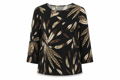Saloos Women Black Feather Print Relaxed Tunic Blouse UK 12 3/4 Sleeve