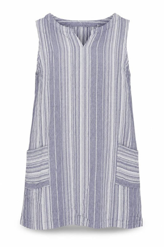 Roman Women Blue Stripe V-Neck Linen Blend Tunic Blouse Size 18
