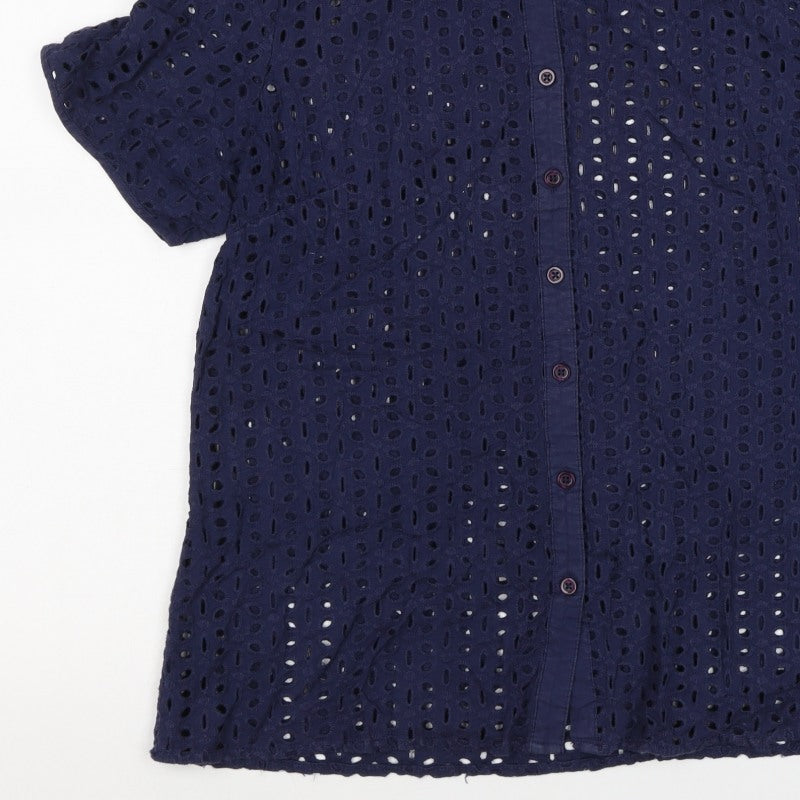Cotton Traders Women Blue Size 14 Eyelet Lace Collared Button-Up Shirt