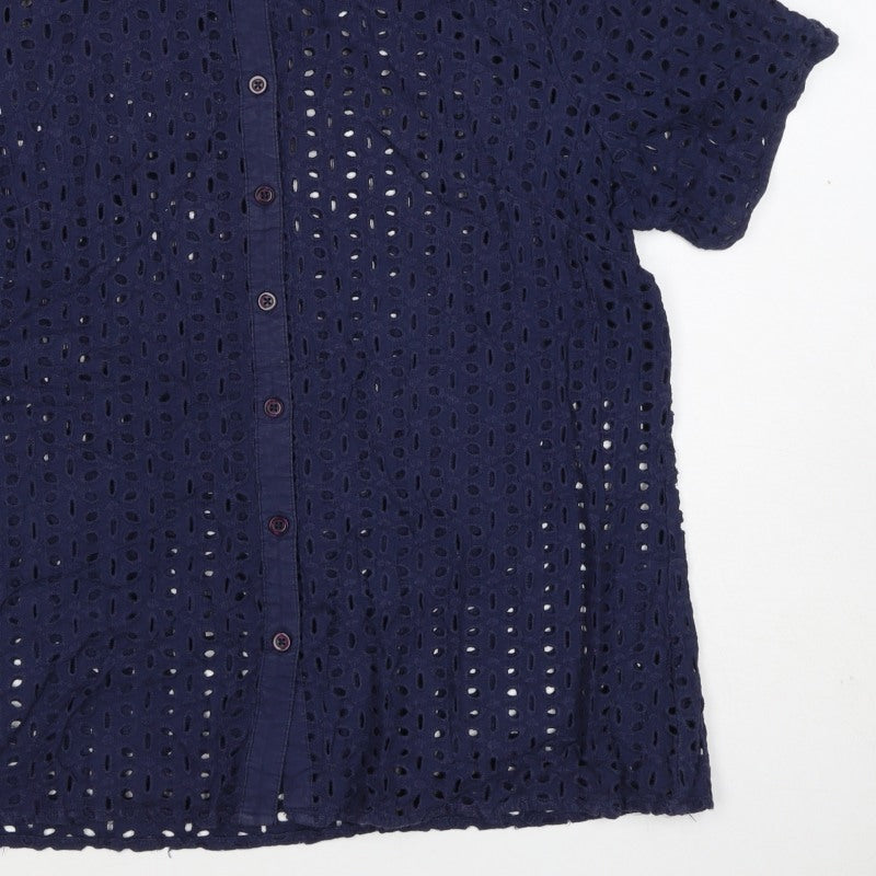 Cotton Traders Women Blue Size 14 Eyelet Lace Collared Button-Up Shirt