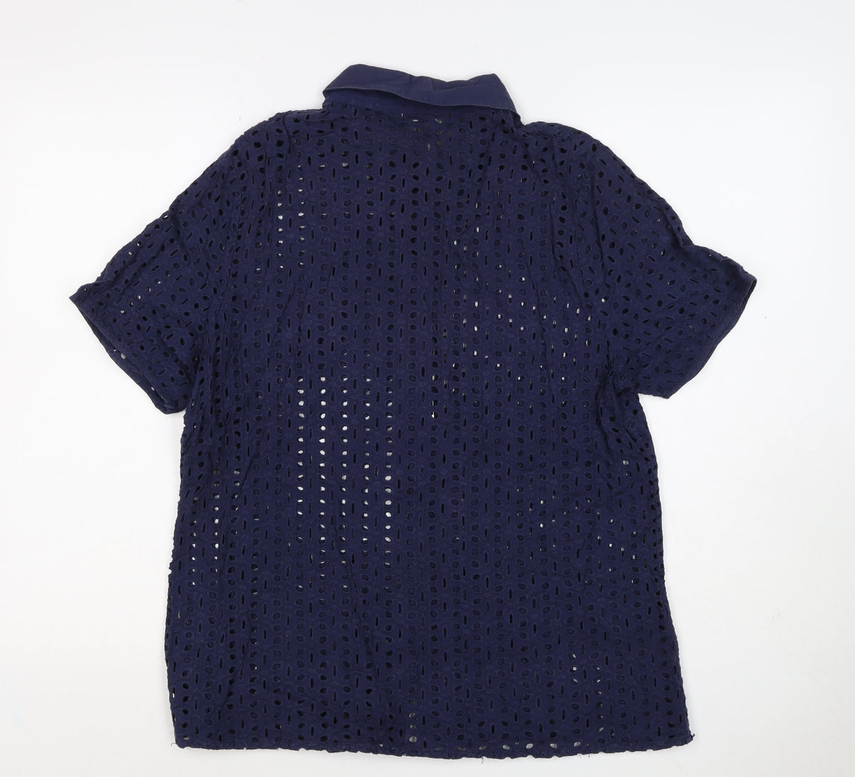 Cotton Traders Women Blue Size 14 Eyelet Lace Collared Button-Up Shirt