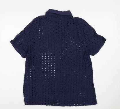 Cotton Traders Women Blue Size 14 Eyelet Lace Collared Button-Up Shirt