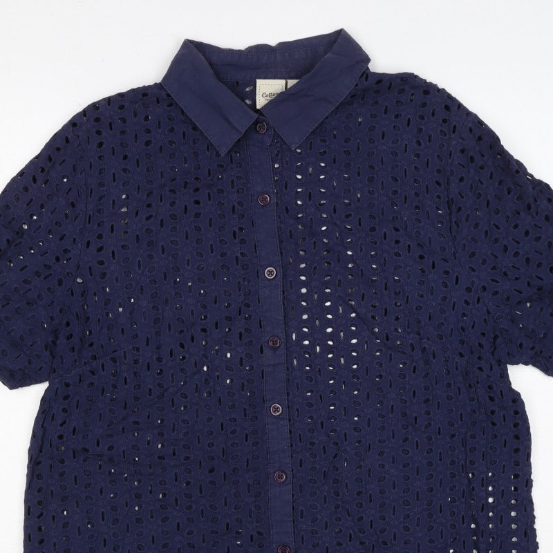 Cotton Traders Women Blue Size 14 Eyelet Lace Collared Button-Up Shirt