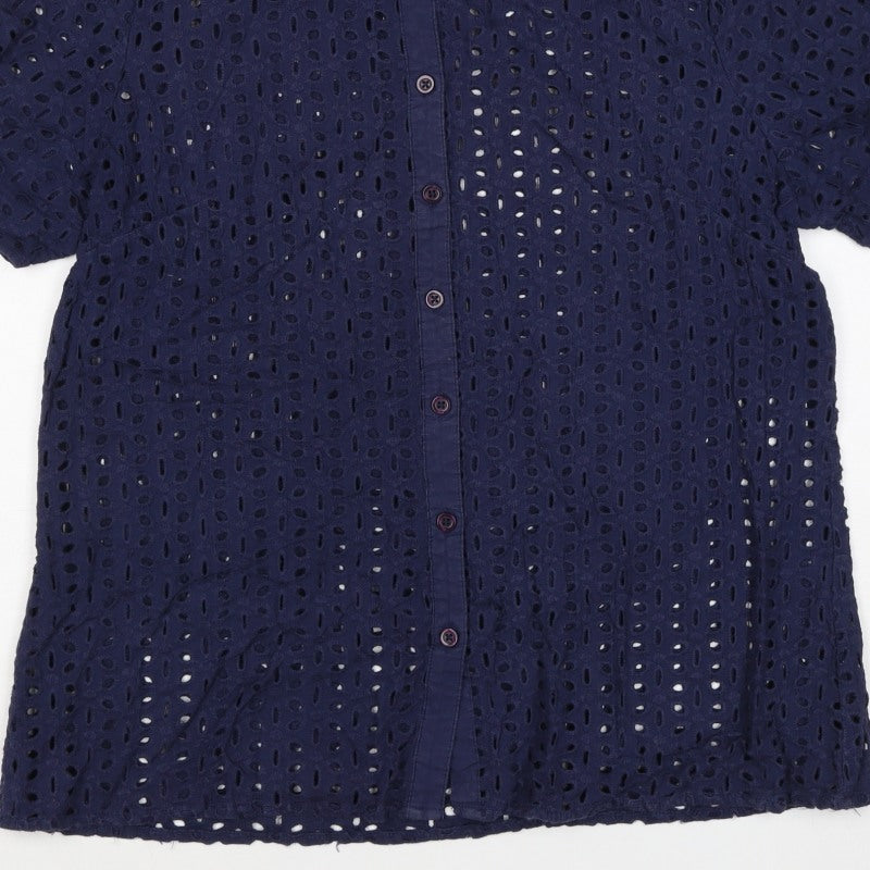 Cotton Traders Women Blue Size 14 Eyelet Lace Collared Button-Up Shirt