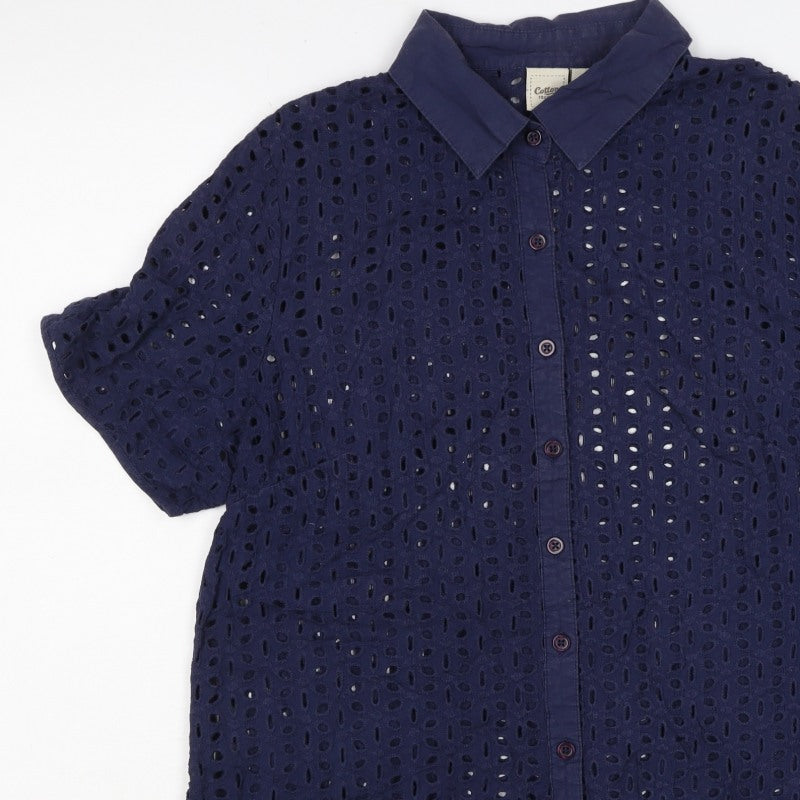 Cotton Traders Women Blue Size 14 Eyelet Lace Collared Button-Up Shirt