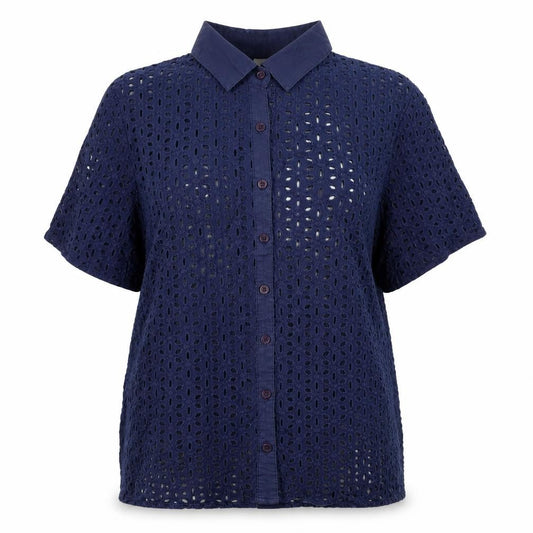 Cotton Traders Women Blue Size 14 Eyelet Lace Collared Button-Up Shirt