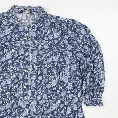 M&S Collection Women Blue Floral Cotton Size 16 Ruffle Blouse