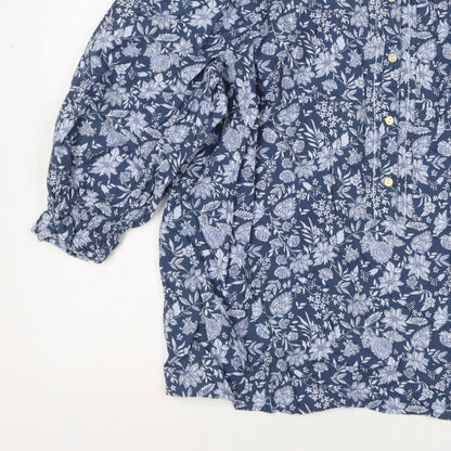 M&S Collection Women Blue Floral Cotton Size 16 Ruffle Blouse