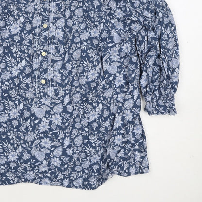 M&S Collection Women Blue Floral Cotton Size 16 Ruffle Blouse