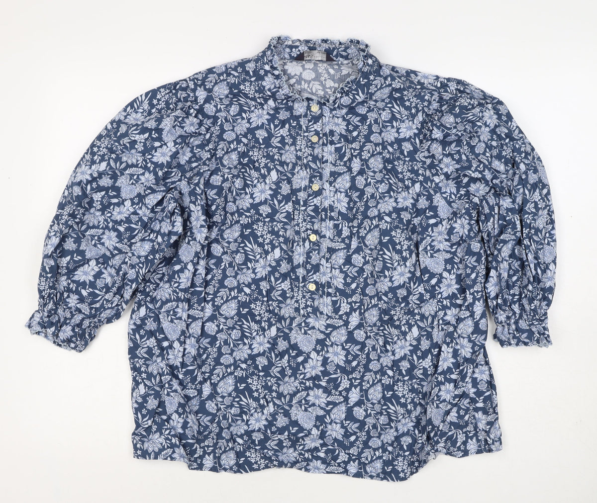 M&S Collection Women Blue Floral Cotton Size 16 Ruffle Blouse
