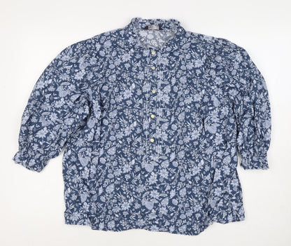 M&S Collection Women Blue Floral Cotton Size 16 Ruffle Blouse