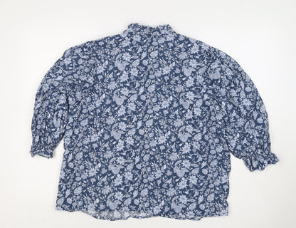 M&S Collection Women Blue Floral Cotton Size 16 Ruffle Blouse