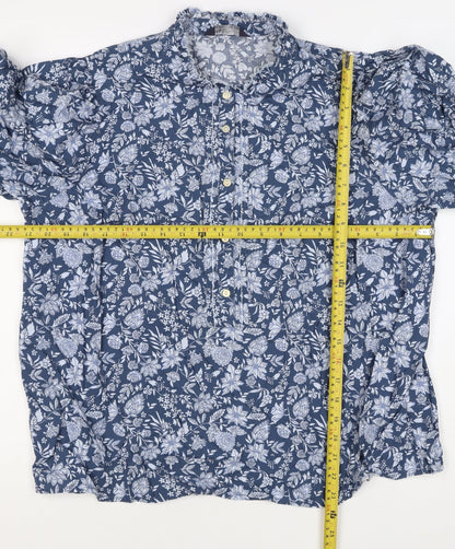 M&S Collection Women Blue Floral Cotton Size 16 Ruffle Blouse