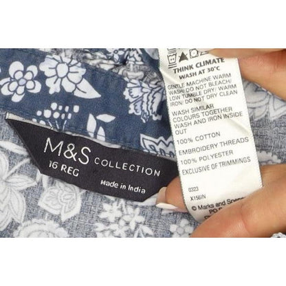 M&S Collection Women Blue Floral Cotton Size 16 Ruffle Blouse