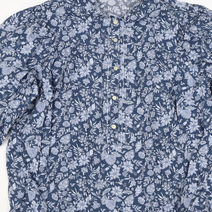 M&S Collection Women Blue Floral Cotton Size 16 Ruffle Blouse
