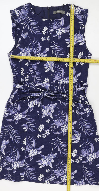 Oasis Women’s Blue Floral Midi Fit & Flare Tie Waist Dress UK 12