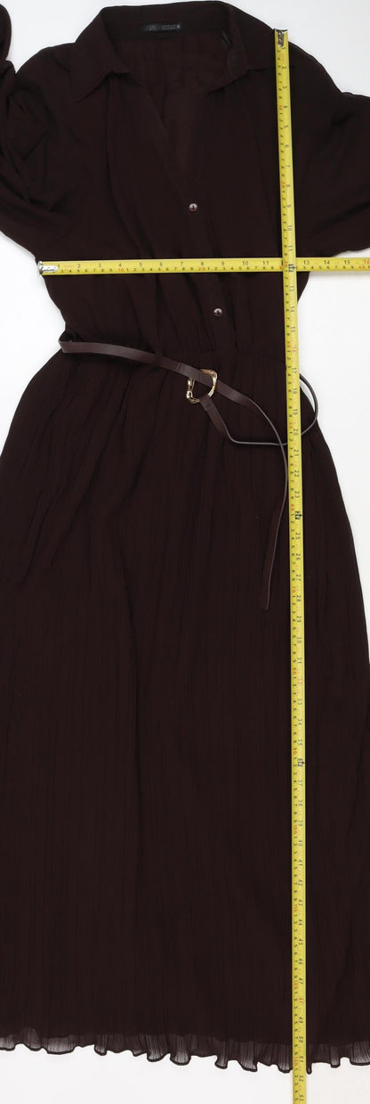 Zara Women Brown M Midi Pleated Belted Shirt Dress Long Sleeve