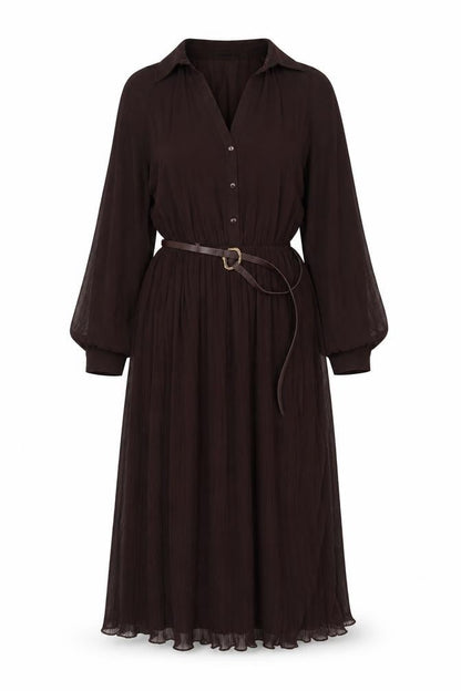 Zara Women Brown M Midi Pleated Belted Shirt Dress Long Sleeve