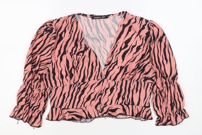 Boohoo Women’s Pink Zebra Print Cropped V-Neck Ruffle Blouse UK 10