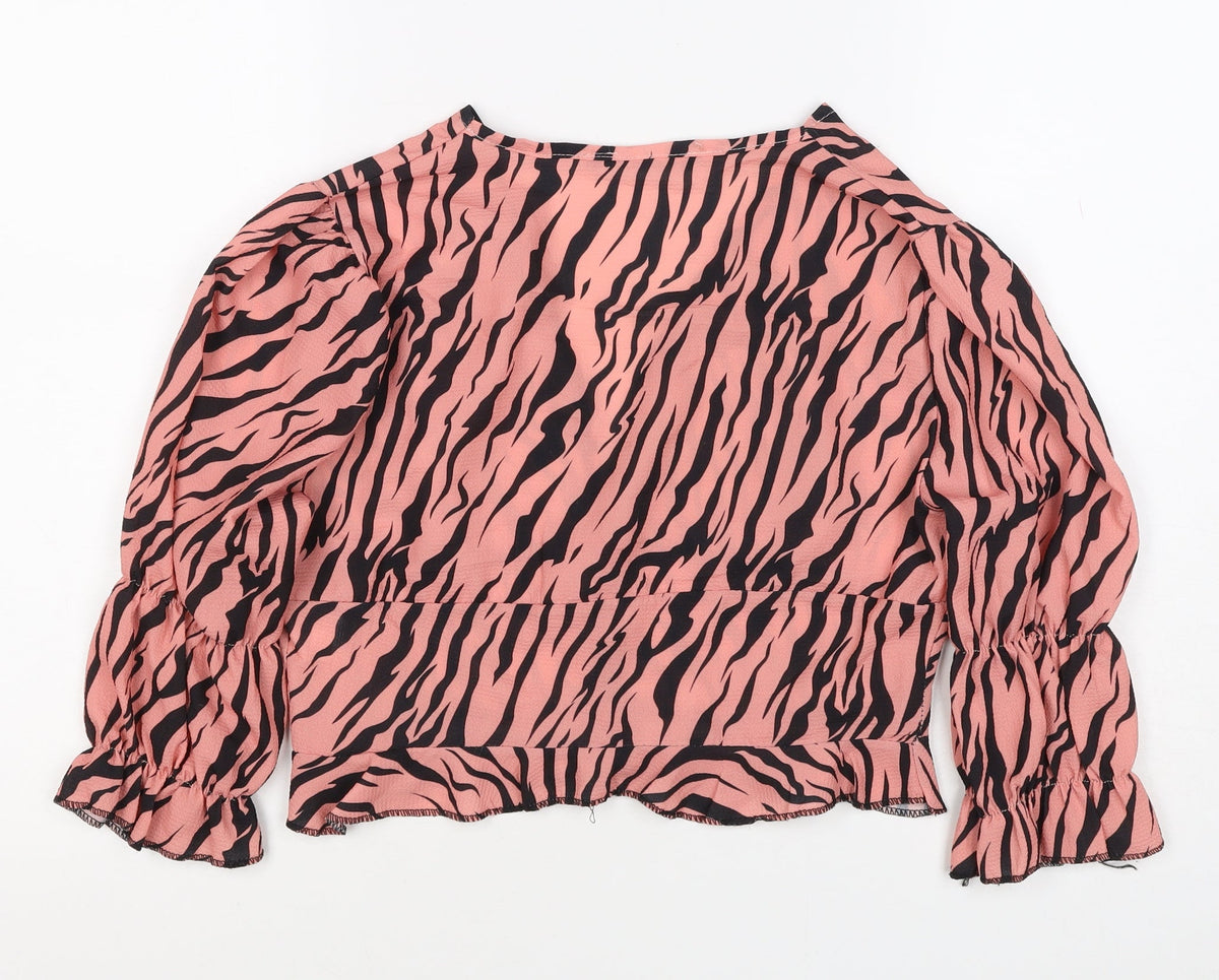 Boohoo Women’s Pink Zebra Print Cropped V-Neck Ruffle Blouse UK 10