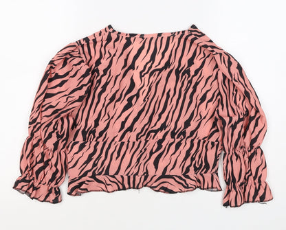 Boohoo Women’s Pink Zebra Print Cropped V-Neck Ruffle Blouse UK 10