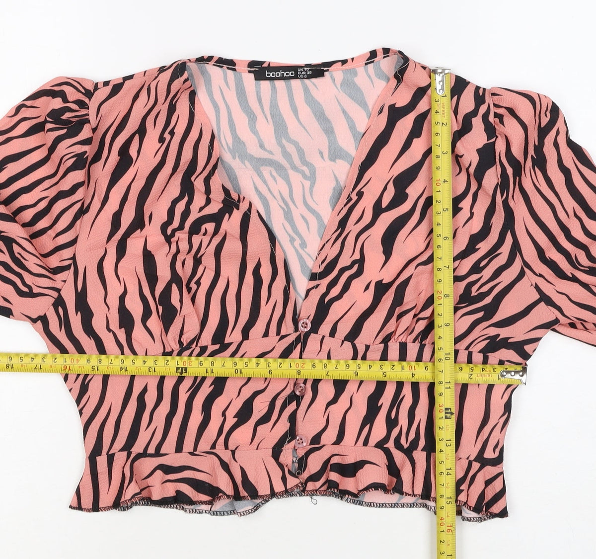 Boohoo Women’s Pink Zebra Print Cropped V-Neck Ruffle Blouse UK 10