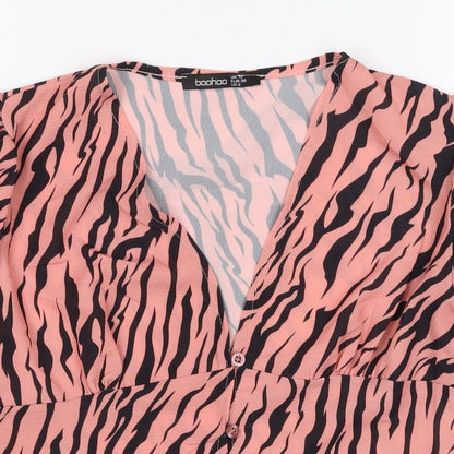 Boohoo Women’s Pink Zebra Print Cropped V-Neck Ruffle Blouse UK 10