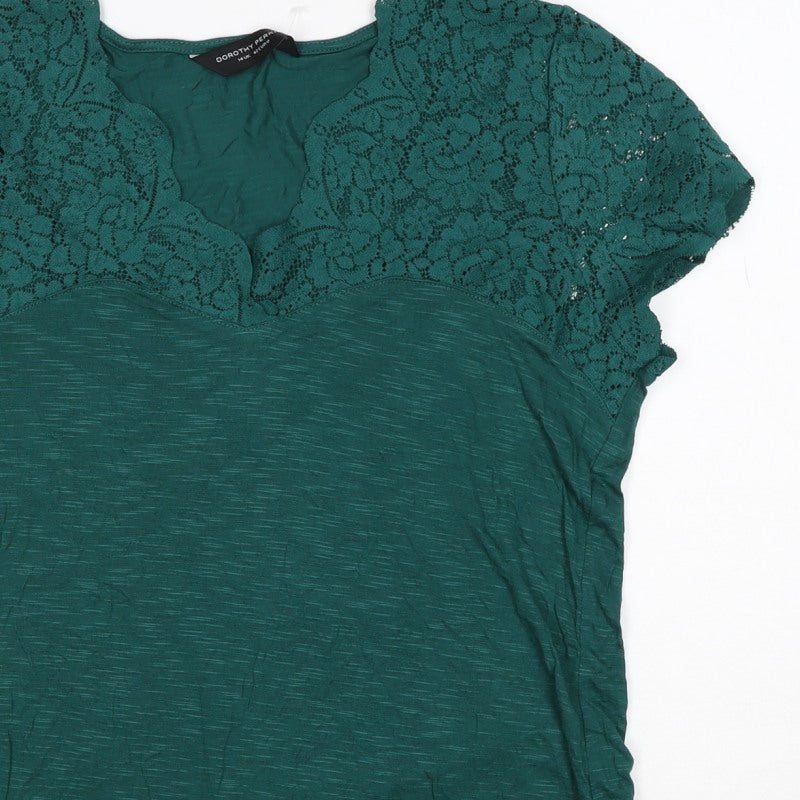 Dorothy Perkins Women Green Size 14 V-Neck Lace Sleeve T-Shirt