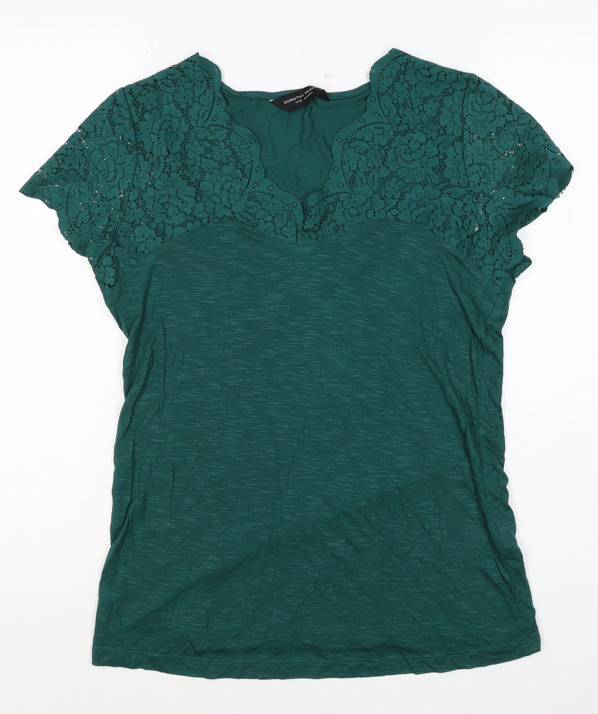 Dorothy Perkins Women Green Size 14 V-Neck Lace Sleeve T-Shirt