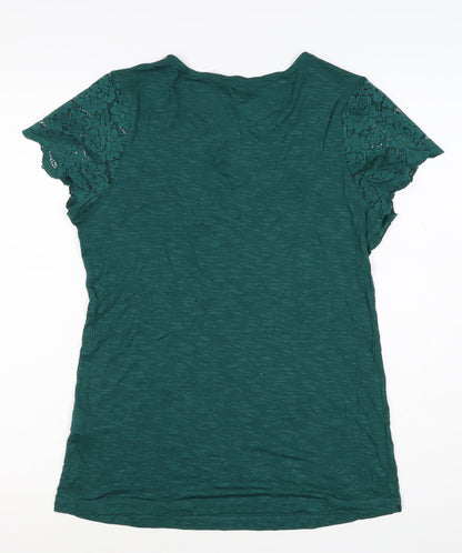Dorothy Perkins Women Green Size 14 V-Neck Lace Sleeve T-Shirt