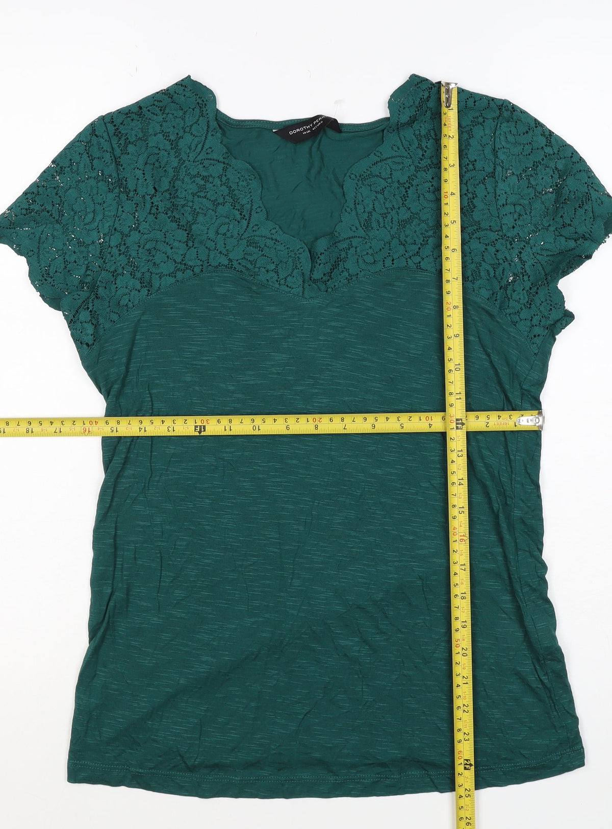 Dorothy Perkins Women Green Size 14 V-Neck Lace Sleeve T-Shirt