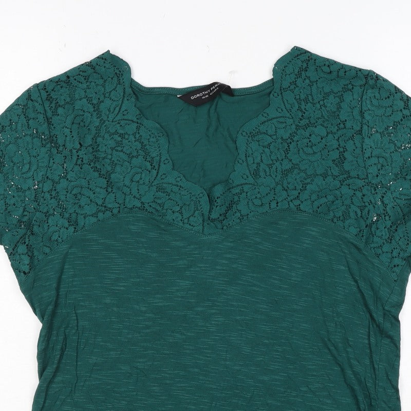 Dorothy Perkins Women Green Size 14 V-Neck Lace Sleeve T-Shirt