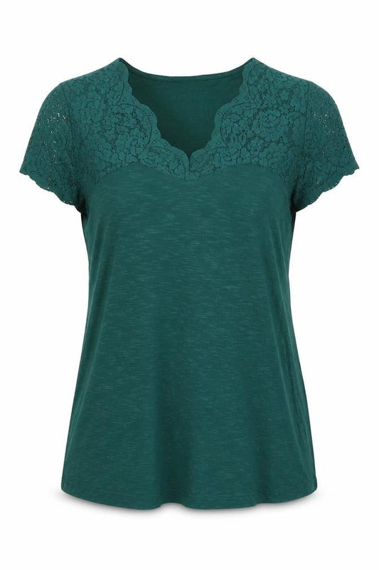 Dorothy Perkins Women Green Size 14 V-Neck Lace Sleeve T-Shirt