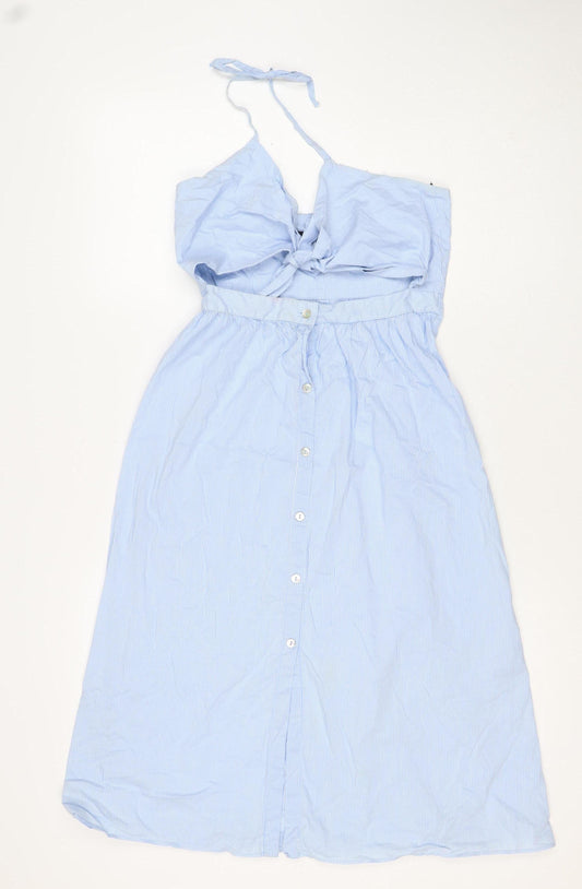 Zara Womens Woman Blue White Stripe M Off Shoulder Belted Midi Dress