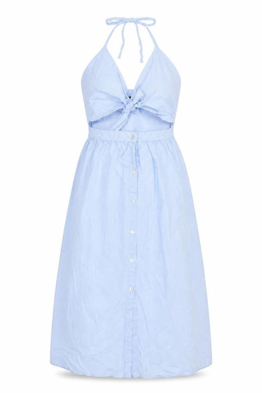 Zara Womens Woman Blue White Stripe M Off Shoulder Belted Midi Dress