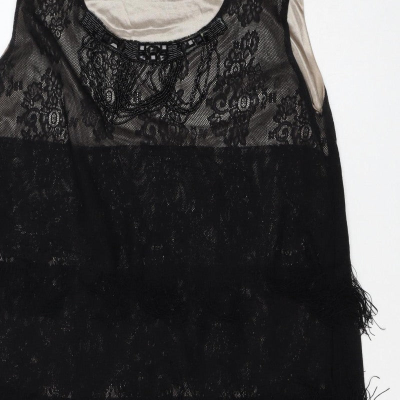 Yumi Women Black Lace Feather Trim Shift Dress Size L Party Cocktail
