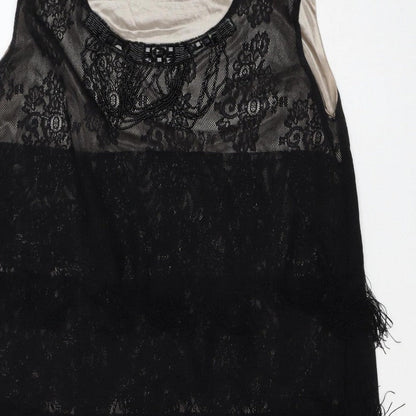 Yumi Women Black Lace Feather Trim Shift Dress Size L Party Cocktail