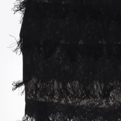 Yumi Women Black Lace Feather Trim Shift Dress Size L Party Cocktail
