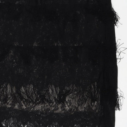 Yumi Women Black Lace Feather Trim Shift Dress Size L Party Cocktail