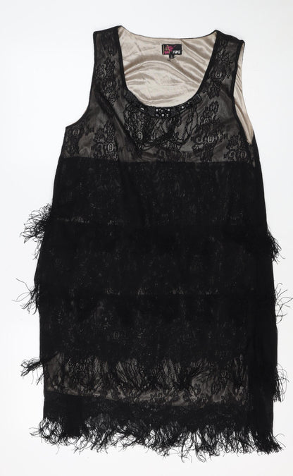 Yumi Women Black Lace Feather Trim Shift Dress Size L Party Cocktail