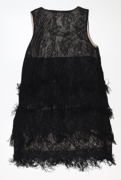 Yumi Women Black Lace Feather Trim Shift Dress Size L Party Cocktail