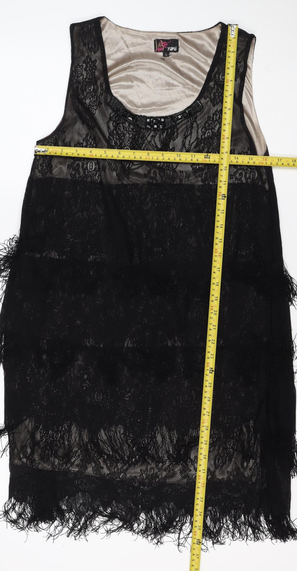 Yumi Women Black Lace Feather Trim Shift Dress Size L Party Cocktail