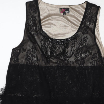 Yumi Women Black Lace Feather Trim Shift Dress Size L Party Cocktail