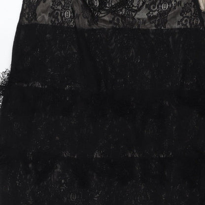Yumi Women Black Lace Feather Trim Shift Dress Size L Party Cocktail