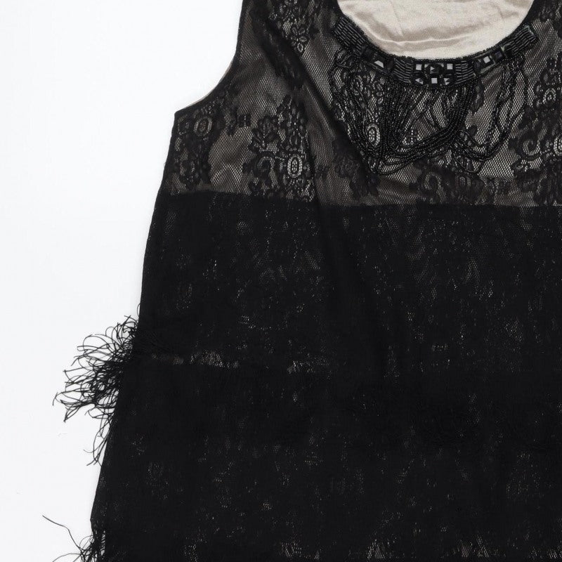 Yumi Women Black Lace Feather Trim Shift Dress Size L Party Cocktail