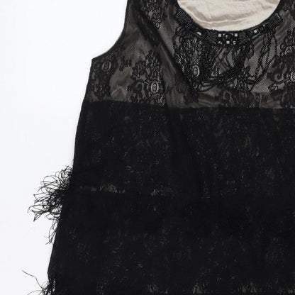 Yumi Women Black Lace Feather Trim Shift Dress Size L Party Cocktail