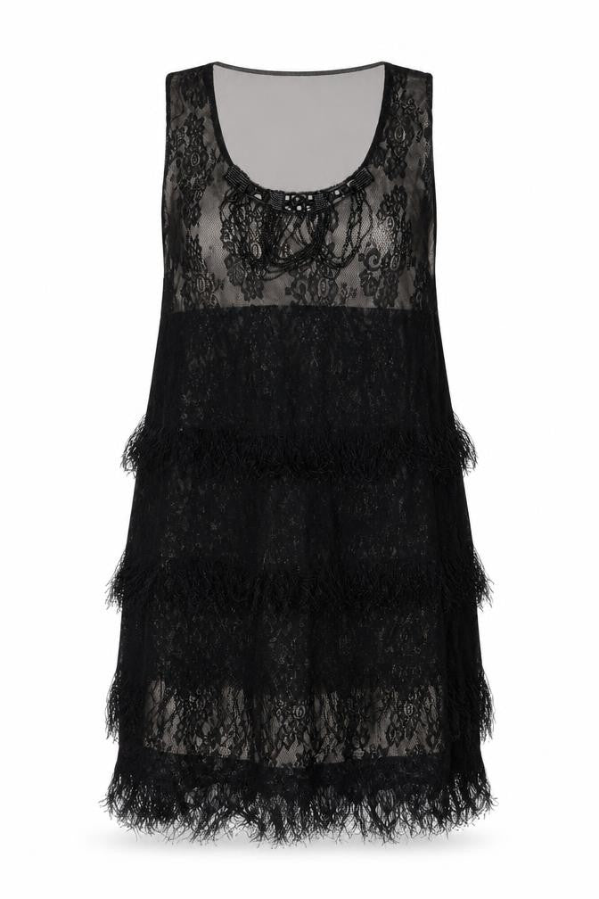 Yumi Women Black Lace Feather Trim Shift Dress Size L Party Cocktail