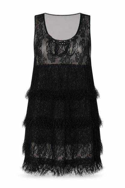 Yumi Women Black Lace Feather Trim Shift Dress Size L Party Cocktail