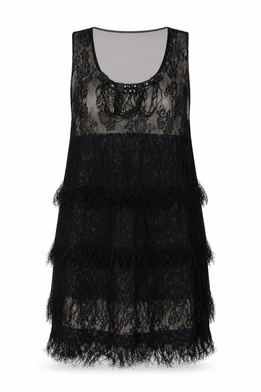 Yumi Women Black Lace Feather Trim Shift Dress Size L Party Cocktail