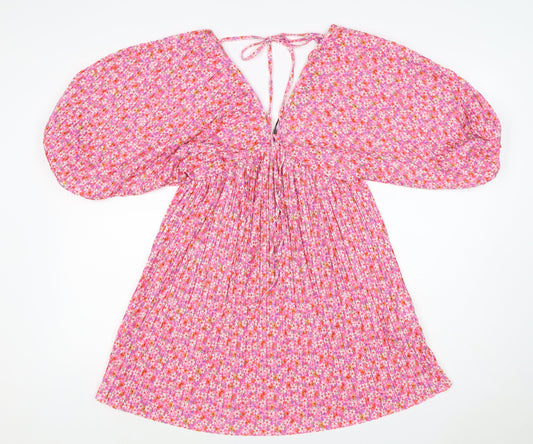 Zara Women Pink Floral Pleated Fit & Flare Short Dress Size S